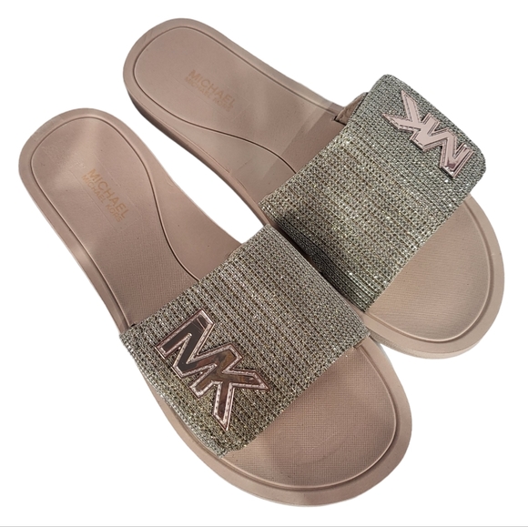 Michael Kors MK Logo Rhinestone Pool Slide Sandals White Gold - Picture 5 of 6